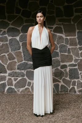 Hailee Slinky And Mesh Halter Maxi Dress - Black/White I MESHKI I Size M | MESHKI US