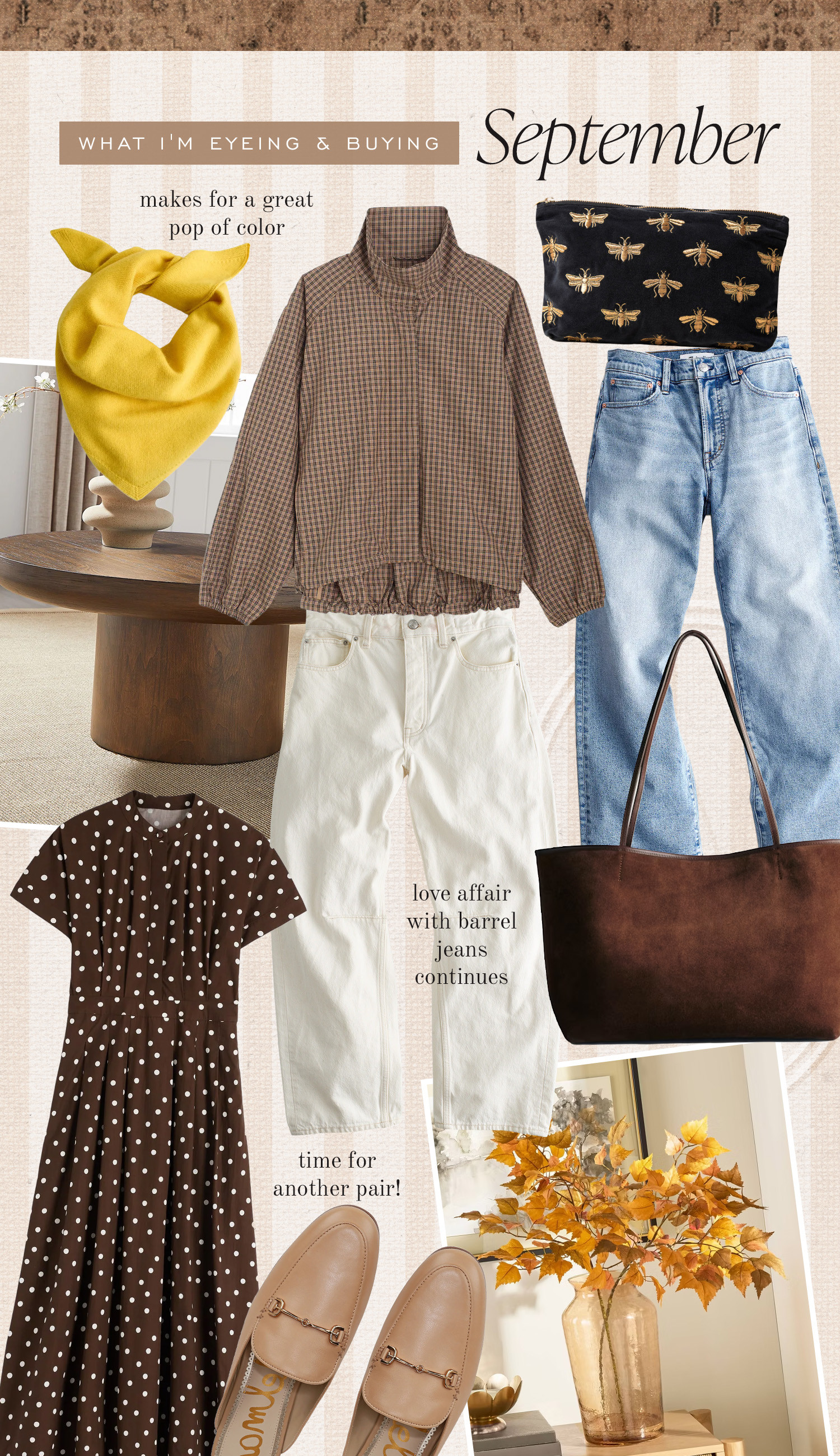 What I'm eyeing & buying for September. Some fall decor, barrel leg jeans, a suede bag and some sale finds.  

 #LTKSeasonal