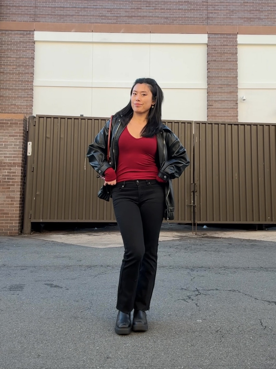 Valentine’s Day outfit! Red top, long sleeve deep v neck, pop color outfit! Flare jeans, leather jacket 

#LTKStyleTip #LTKSeasonal