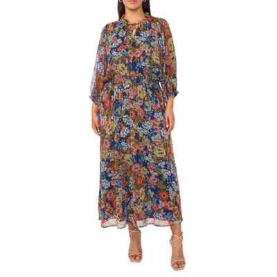 Vince Camuto Tie Neck Puff Sleeve Maxi Dress in Classic Navy at Nordstrom, Size 1X | Nordstrom