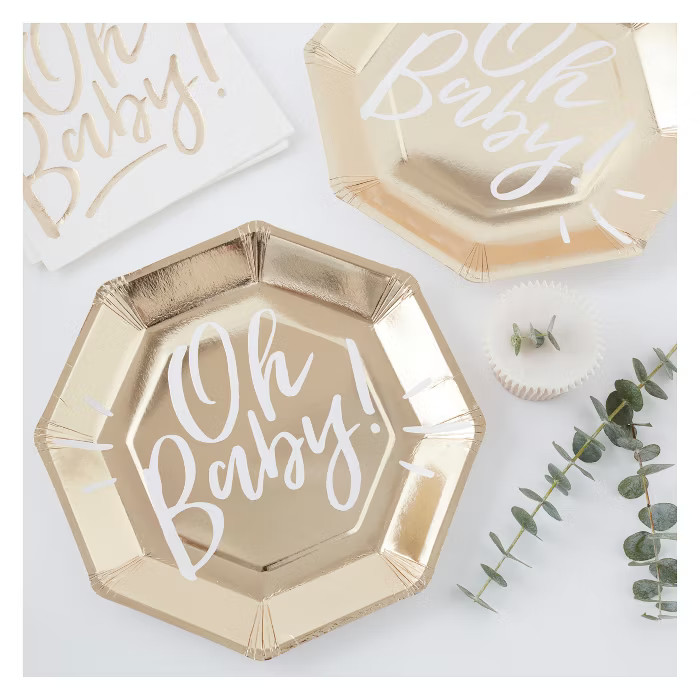 8ct "Oh Baby" Foiled Paper Plates Gold | Target