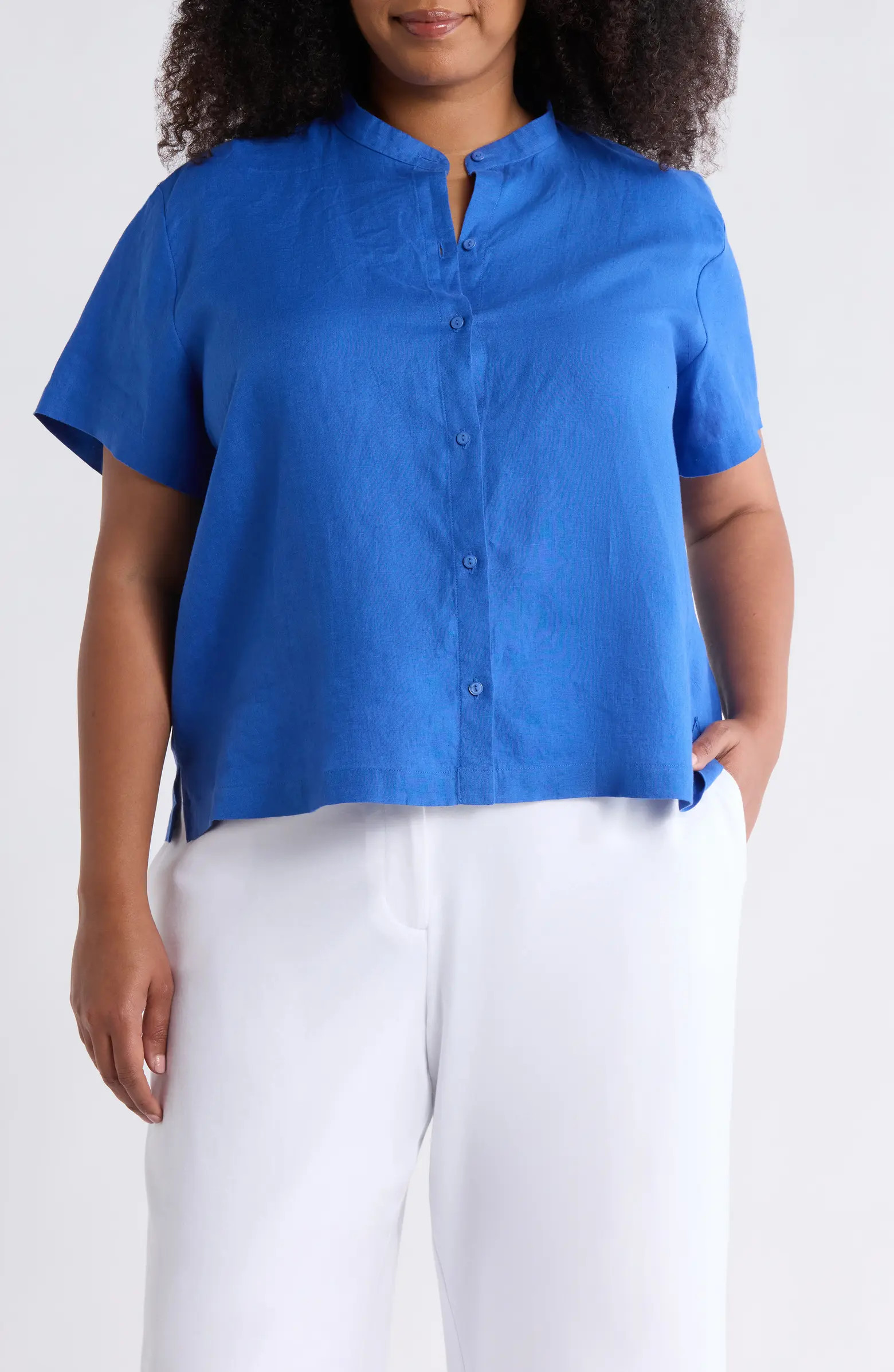 Mandarin Collar Short Sleeve Organic Linen Button-Up Shirt | Nordstrom