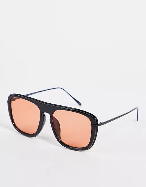 ASOS DESIGN aviator sunglasses in black with orange lens | ASOS (Global)