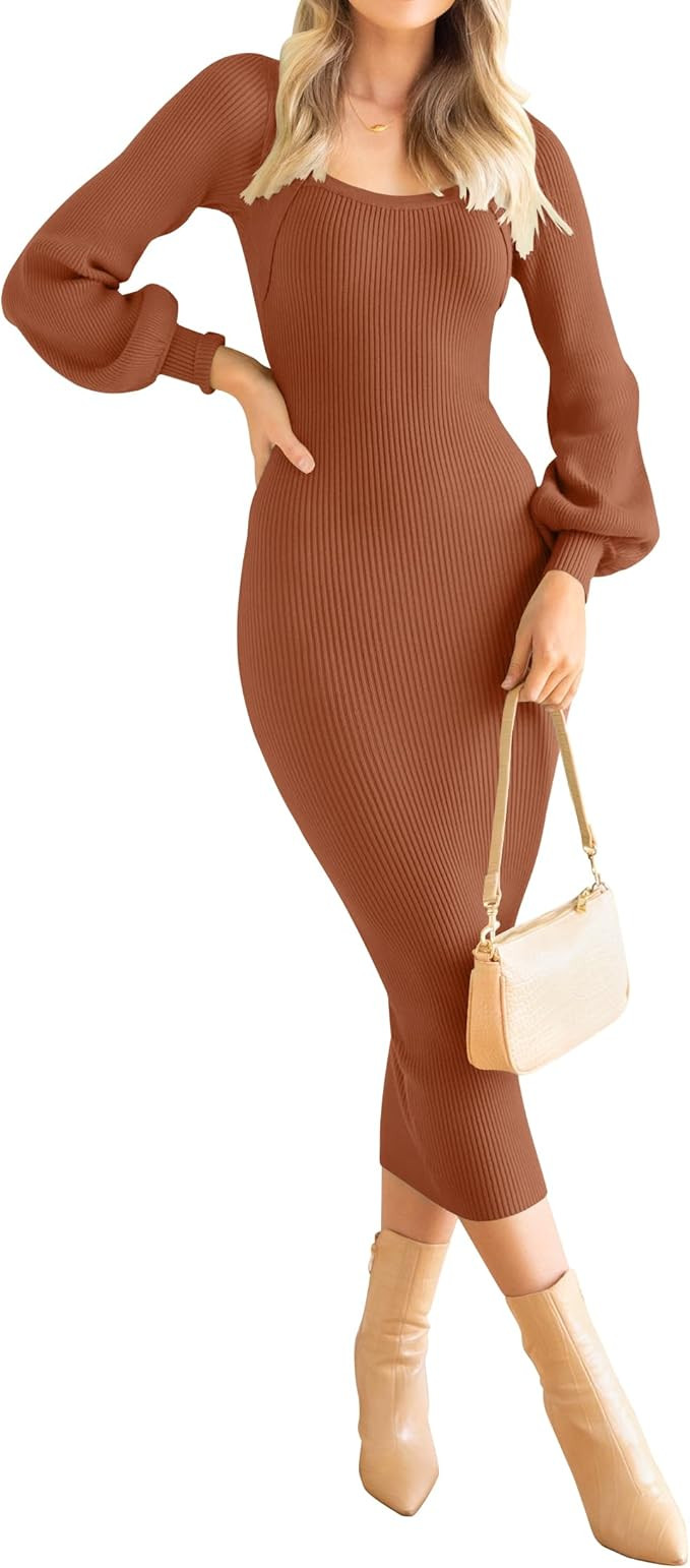 ZESICA Women's 2024 Square Neck Ribbed Knit Dress Puff Long Sleeve Slim Fit Bodycon Fall Winter P... | Amazon (US)