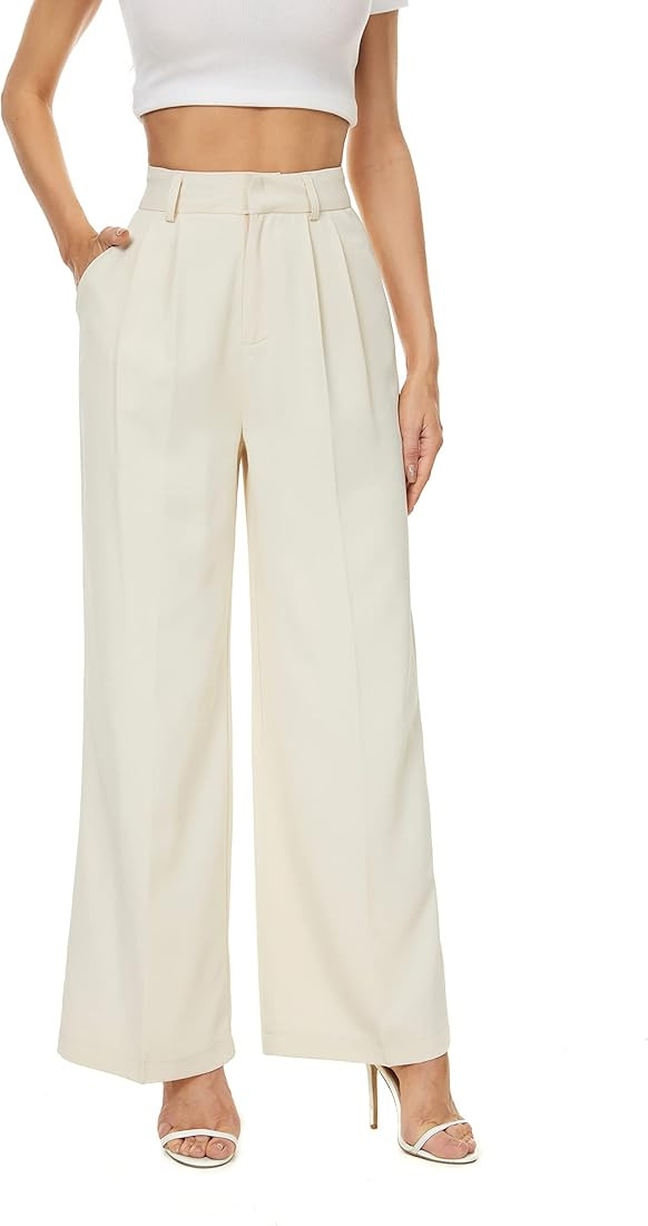 FUNYYZO Women's Wide Leg Work Pants High Waist Long Straight Trousers Causal Pants with Pocket | Amazon (US)