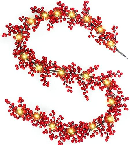 TURNMEON 6 Foot Christmas Garland with 20 Lights ,Pre-lit Christmas Decorations Red Berries Garla... | Amazon (US)