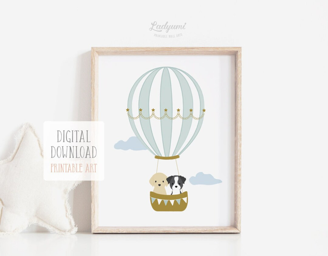 Hot Air Balloon With Puppies Printable Art Dog Nursery Wall Decor Labrador and Border Collie Prin... | Etsy (US)