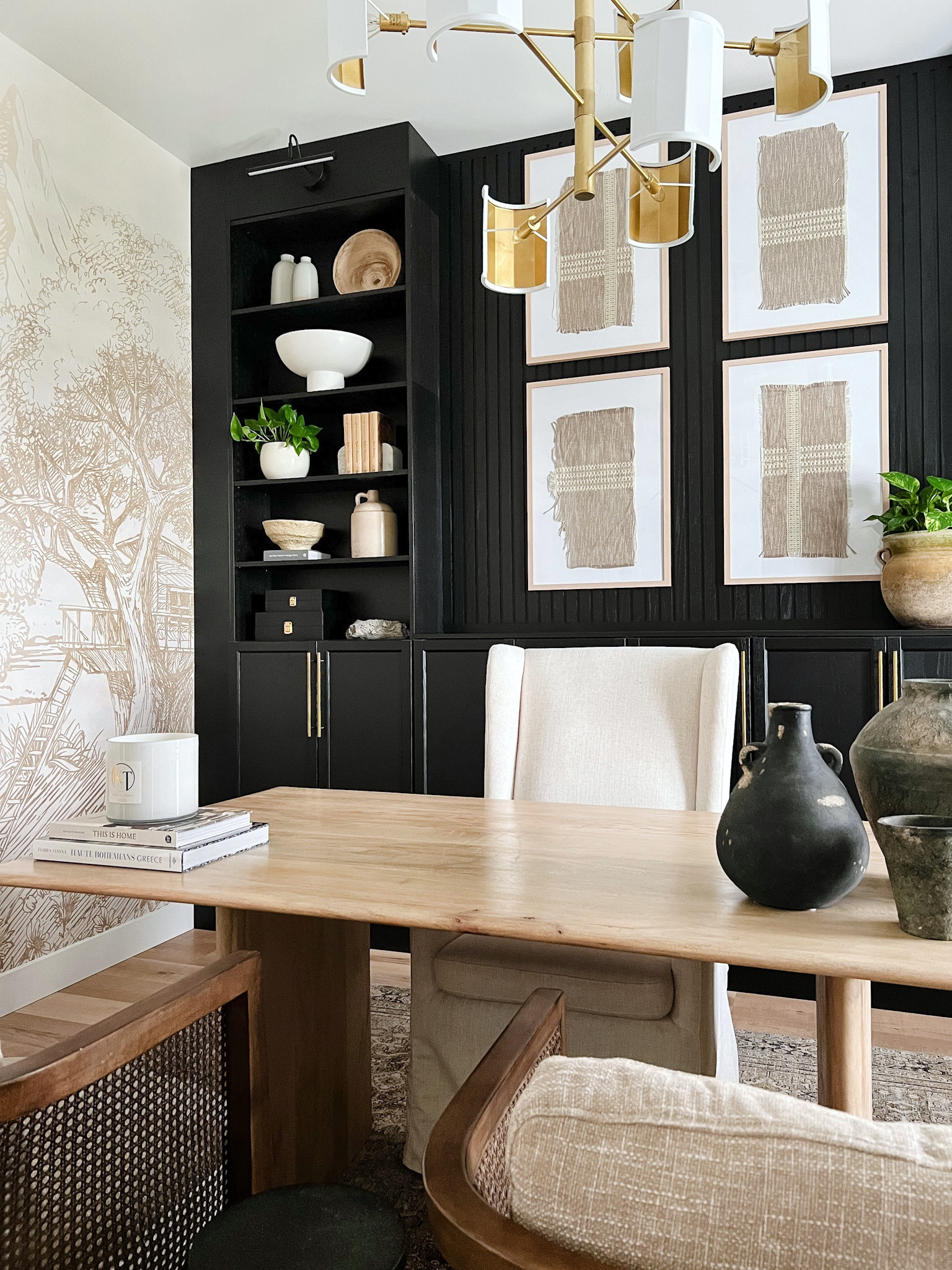 Office design with built in bookcases and vintage inspired wallpaper and artwork. Large desk with upholstered office chairs 

#LTKFind #LTKhome #LTKunder100