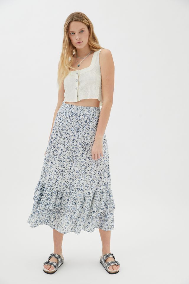 UO Hannah Floral Tiered Ruffle Midi Skirt | Urban Outfitters (US and RoW)