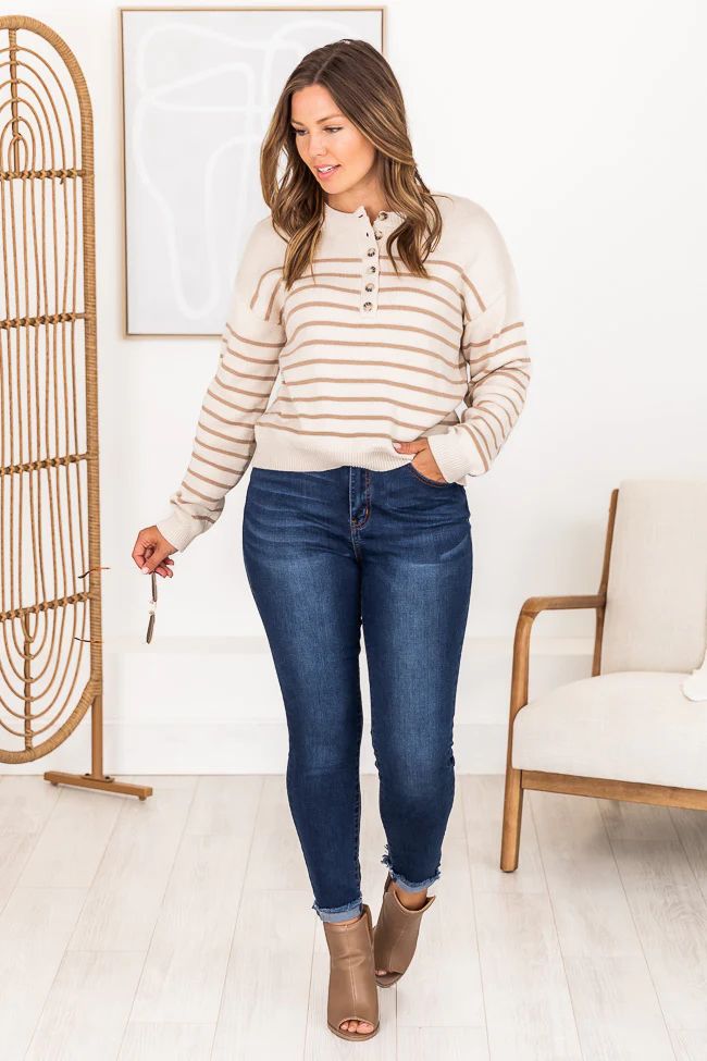 A Different Story Brown Striped Henley Sweater | Pink Lily