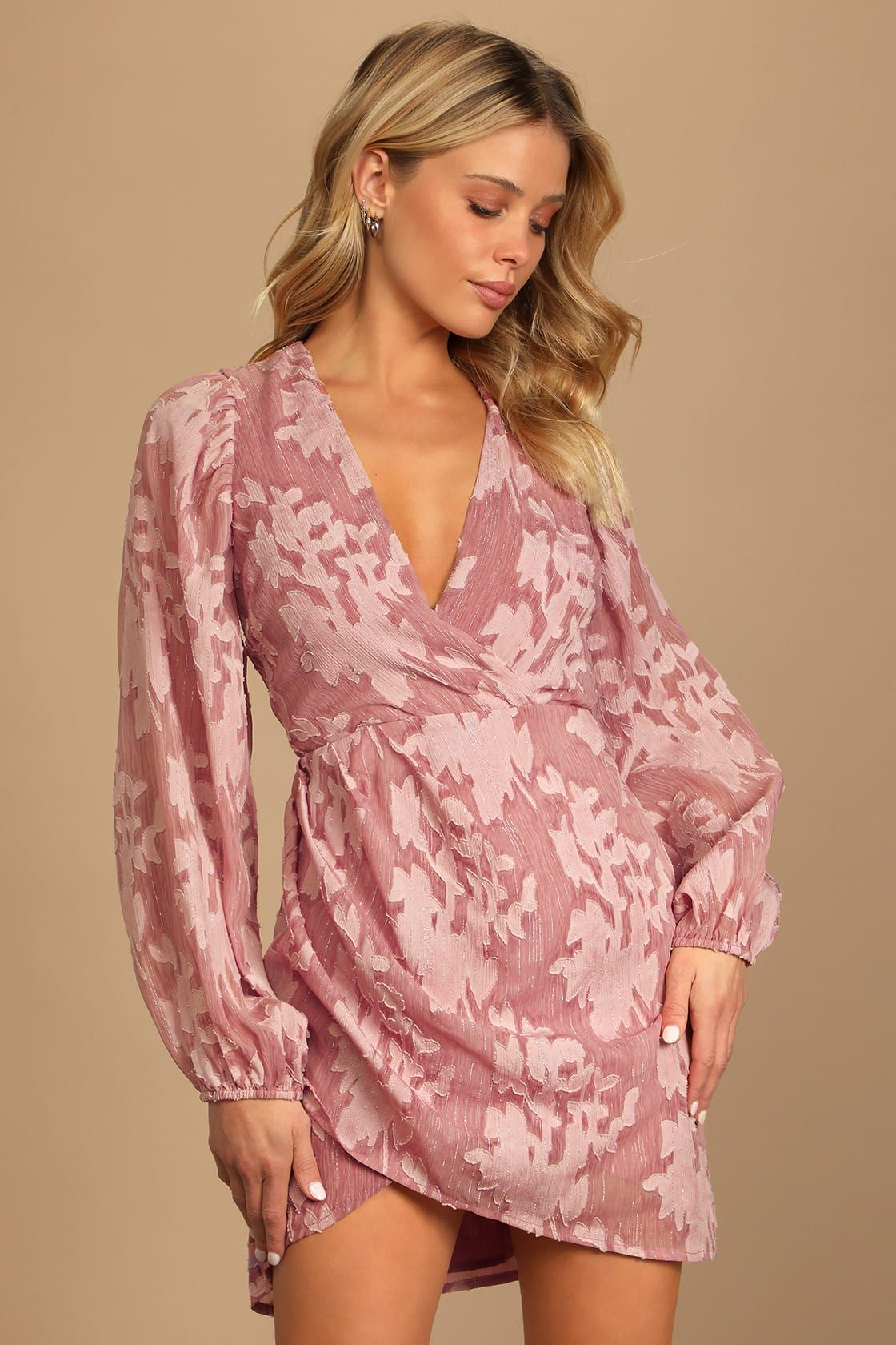 Meant to Shine Mauve Floral Jacquard Long Sleeve Mini Dress | Lulus (US)