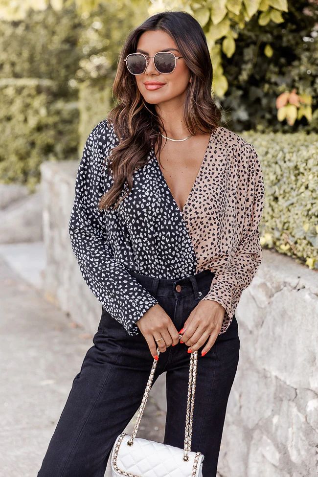 Can't Deny My Love Black/Taupe Spliced Leopard Print Bodysuit | Pink Lily