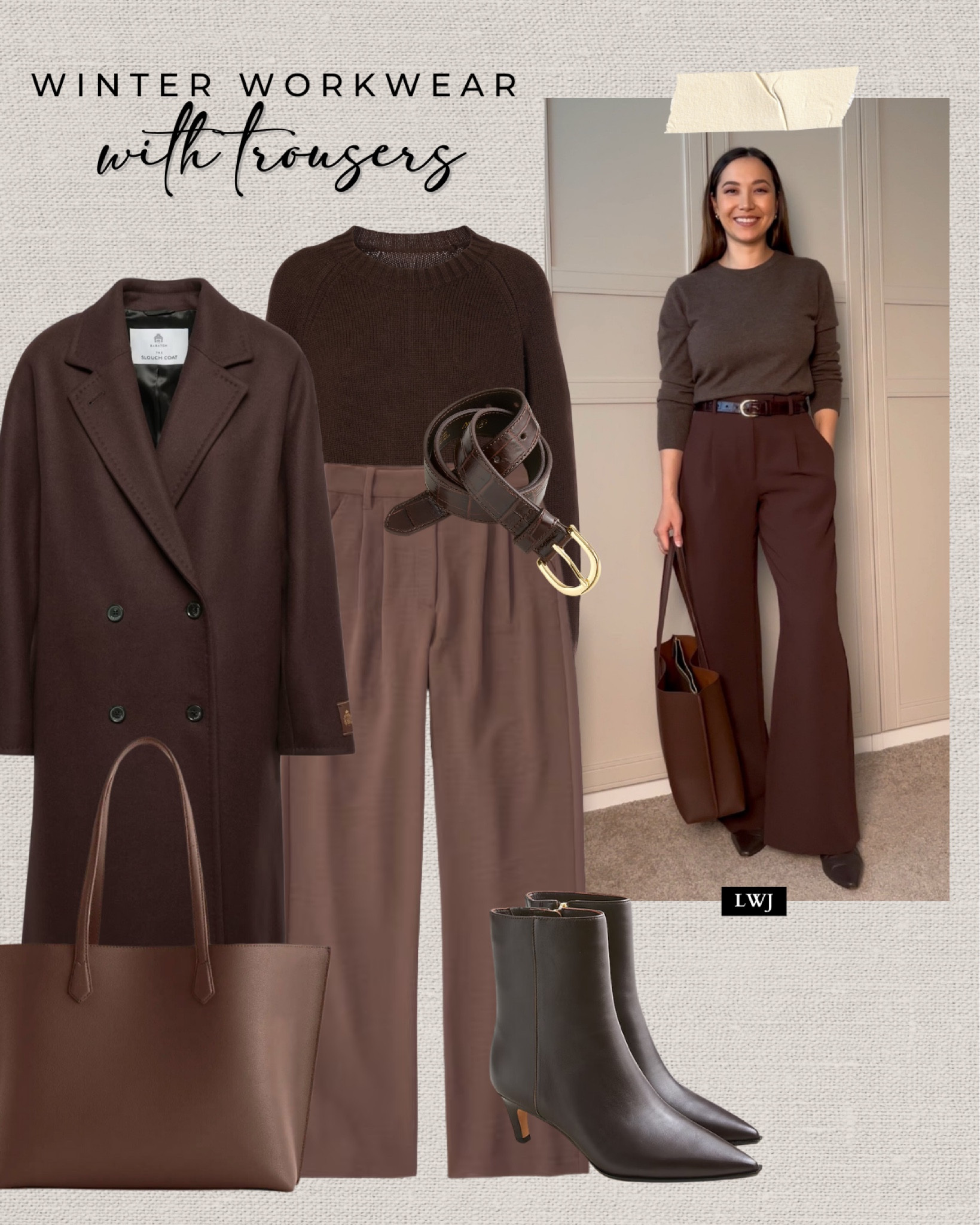 Winter workwear with trousers 

Chocolate brown look 
Quince Cashmere sweater 
Abercrombie wide leg pants 
Jcrew booties 
Tote 



#LTKWorkwear #LTKSeasonal
