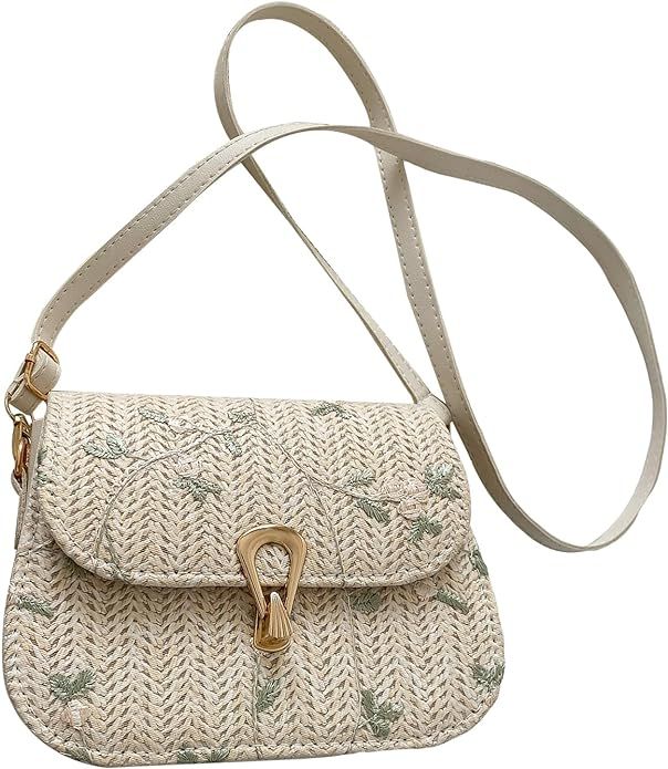 SweatyRocks Women's Floral Print Straw Shoulder Bag Flap Summer Woven Crossbody Bag Saddle Bag | Amazon (US)
