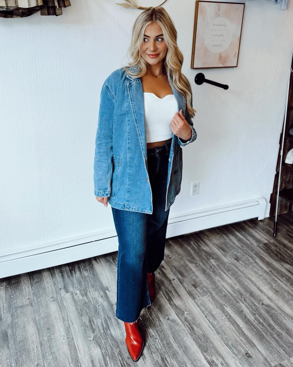 Red boots to top it all off—this denim on denim look is everything! 🔥 

#LTKBeauty #LTKWorkwear #LTKShoeCrush