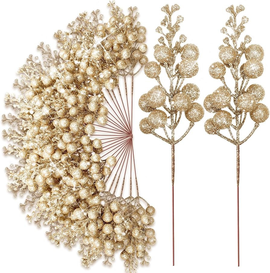 Hotop 100 Pcs Christmas Glitter Berries Stems 7.8 Inch Artificial Sparking Berries Stems Christma... | Amazon (US)
