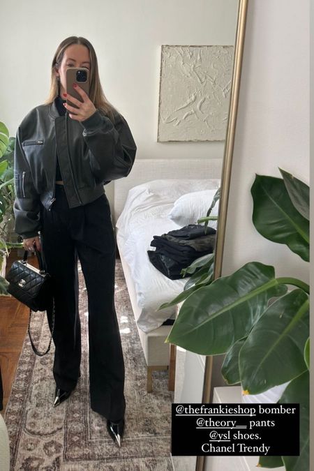 I love everything about this outfit. @thefrankieshop bomber is not linkable but I will link a similar jacket below! 

jacket l bomber l bomber outfit l black bomber l black pants l black outfit 