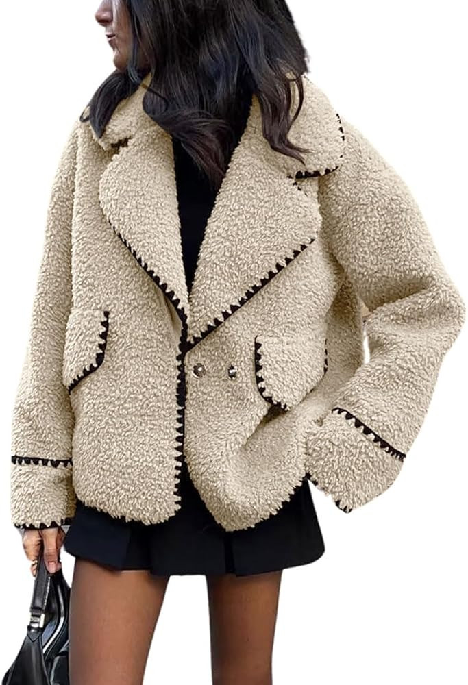 chouyatou Women's Winter Casual Embroidered Sherpa Jacket Notch Lapel Fuzzy Faux Fur Fleece Jacke... | Amazon (US)