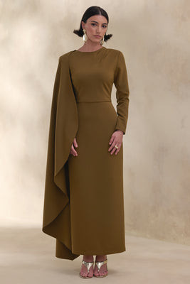 Jovea | Olive Round-Neck Maxi Dress With Cape-Sleeve | Club L London