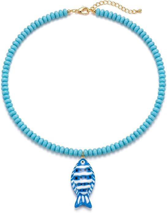 Boho Beaded Fish Necklace for Women Red Blue Beaded Fish Pendant Necklace Colorful Resin Long Nec... | Amazon (US)