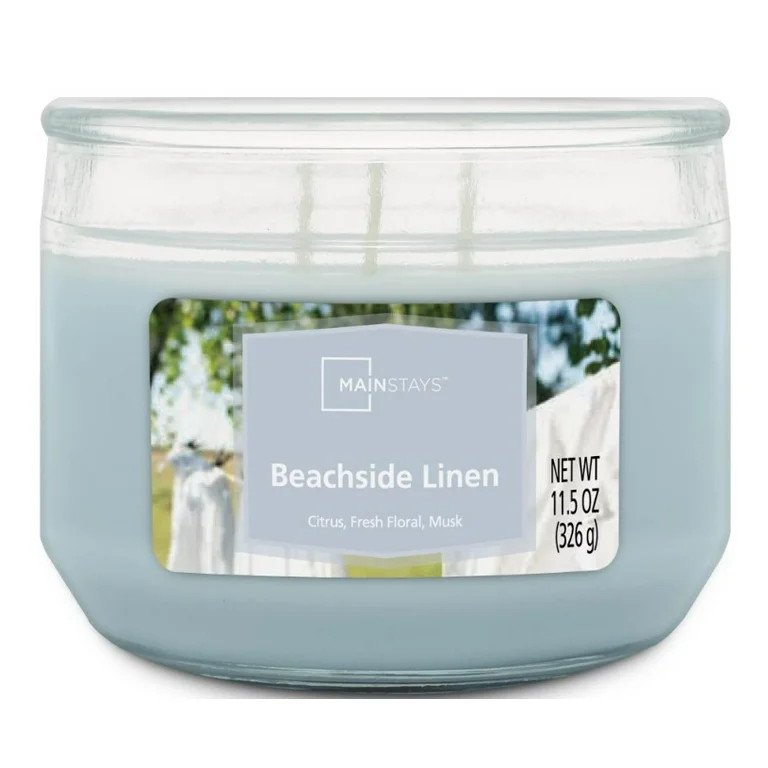 Mainstays 3-Wick Glass Jar Candle, Beachside Linen, Blue, 11.5 oz | Walmart (US)