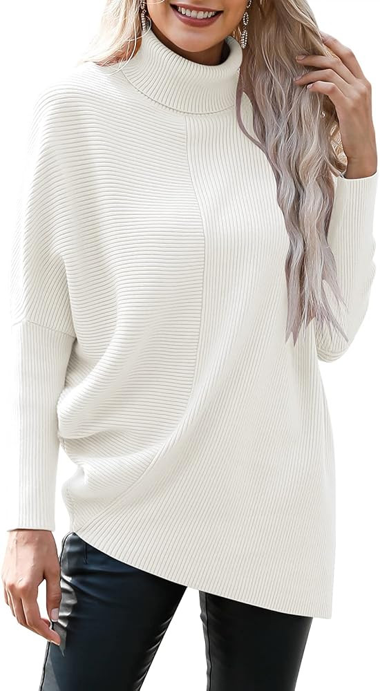 ANRABESS Women's Casual Long Batwing Sleeve Turtleneck Asymmetric Hem Sweater Pullover Knit Jumpe... | Amazon (US)