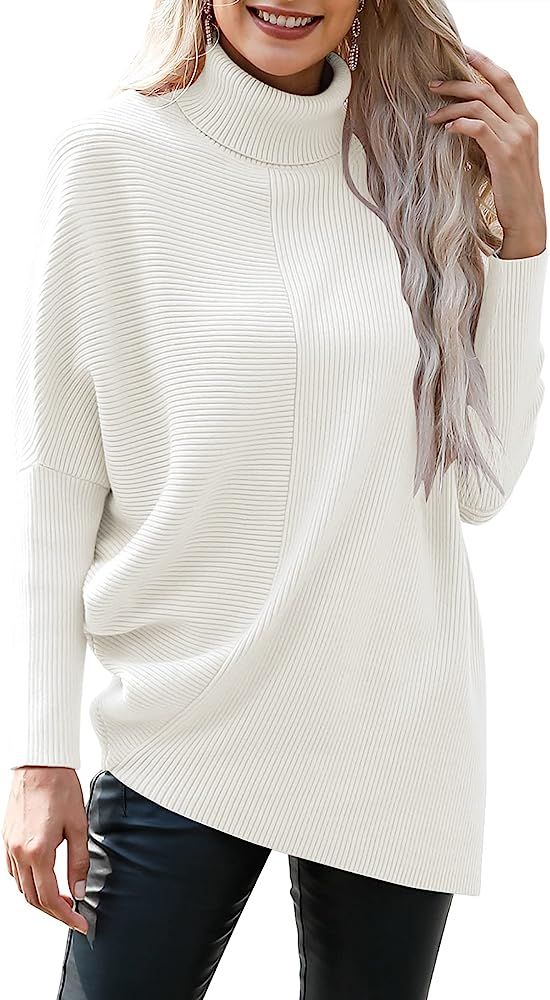 ANRABESS Womens Turtleneck Long Batwing Sleeve Asymmetric Hem Casual Pullover Sweater Knit Tops | Amazon (US)