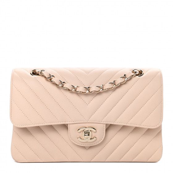 CHANEL Caviar Chevron Quilted Small Double Flap Beige | Fashionphile