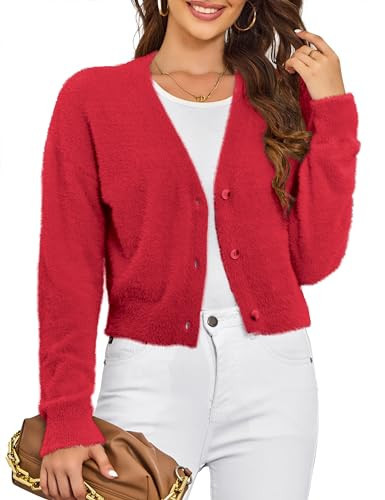 VERABENDI Womens Sweaters Fuzzy Drop Shoulder Buttons Cropped Red Cardigan for Women, Small | Amazon (US)