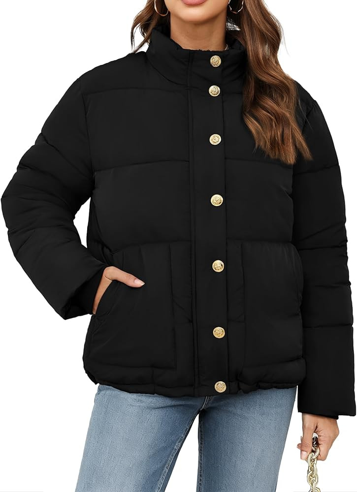 Funlingo Women's Cropped Puffer Jacket Winter Stand Collar Zip Up Snap Button Warm Lightweight Sh... | Amazon (US)