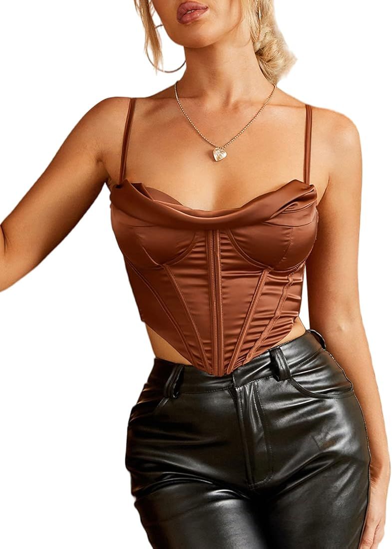 Satin Spaghetti Strap Party Crop Top Rave Cute Zip Back Outfits Corset Y2K Fashion Bustiers for W... | Amazon (US)