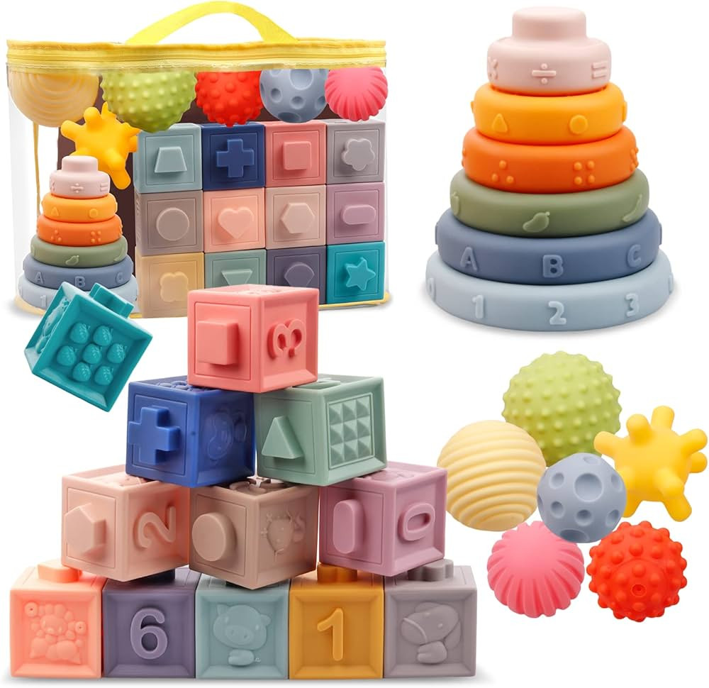 Montessori Toys for Babies,Soft Stacking Building Blocks Rings Balls Sets,3 in 1 Baby Toys Bundle... | Amazon (US)