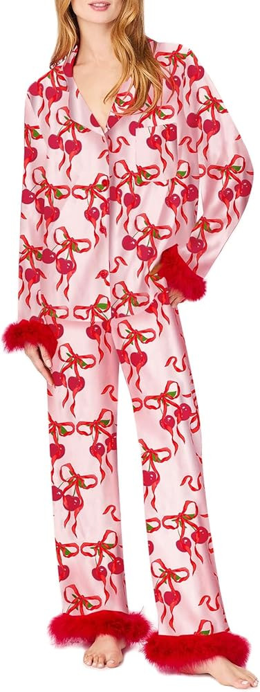 KMBANGI Women Y2k Pajamas Set Heart Print Silk Satin Pjs Feather Trim Long Sleeve Shirt Pants Lou... | Amazon (US)