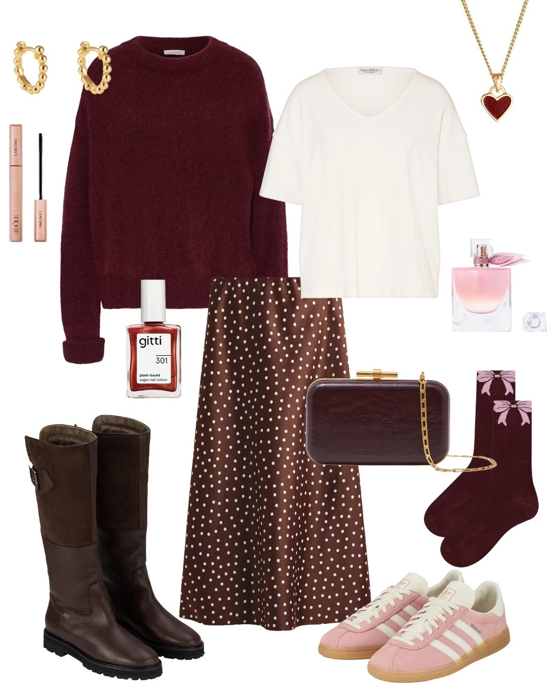 Lässiges Outfit mit Polka dots Rock kombiniert zu Stiefeln und einem flauschigen Strick-Pullover in Burgundy. 

#LTKCyberWeek #LTKdeutschland #LTKsale