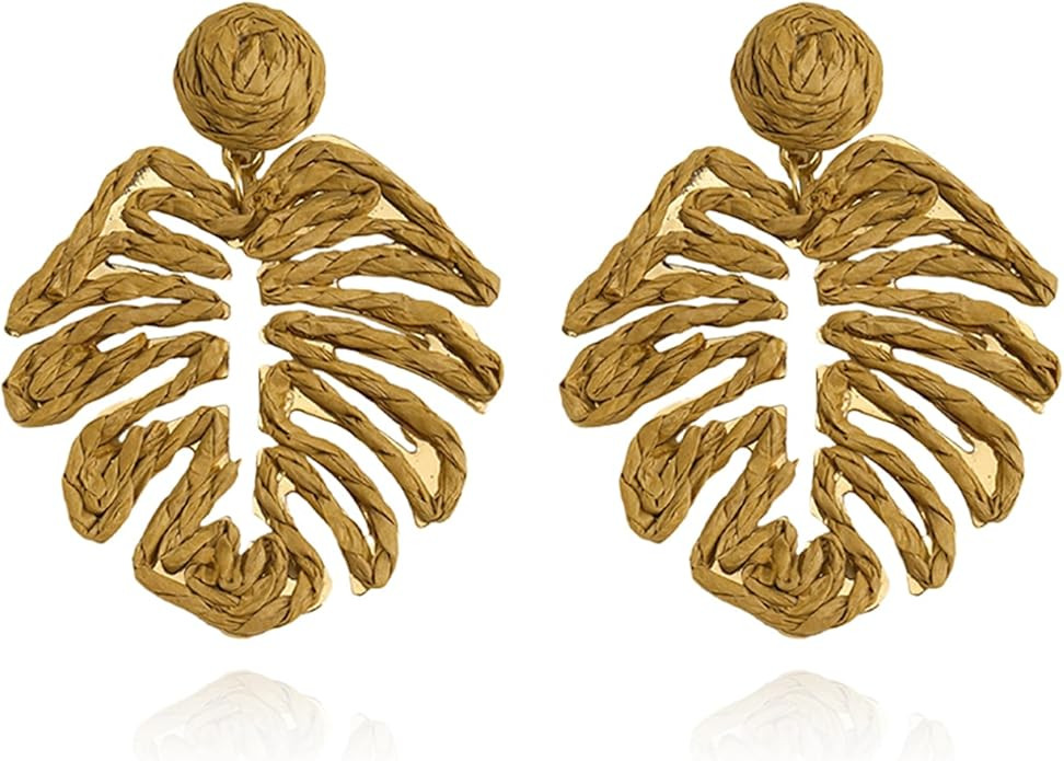 Raffia Palm Leaf Drop Dangle Earring for Women Handmade Boho Statement Earrings Lightweight Tropi... | Amazon (US)
