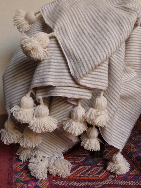 Moroccan pom pom blankets with tassels throw blankets striped | Etsy | Etsy (US)