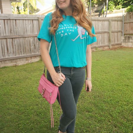 'Wildly unprepared for the day ' teal graphic tee again, seemed fitting! Along with my zip detail skinny jeans and recently redyed Rebecca Minkoff mini MAC. 💕

#LTKaustralia #LTKitbag