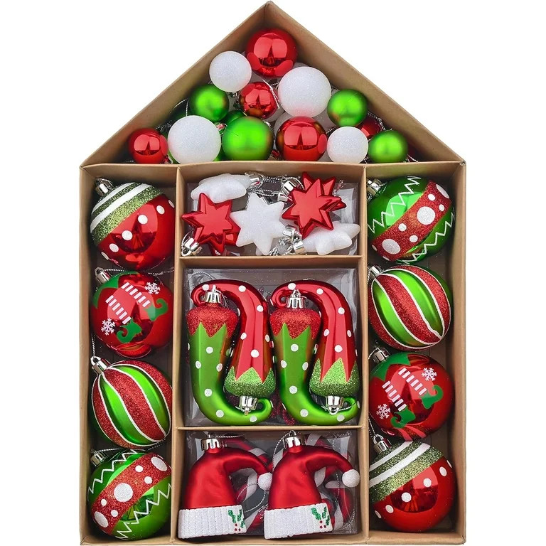 Valery Madelyn 70ct Delightful Elf Christmas Ball Ornaments, Red Green White Shatterproof Christm... | Walmart (US)