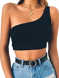 PRETTODAY Women's Sleeveless Crop Tops Sexy One Shoulder Strappy Tees Basic Crop Tank Tops | Amazon (US)