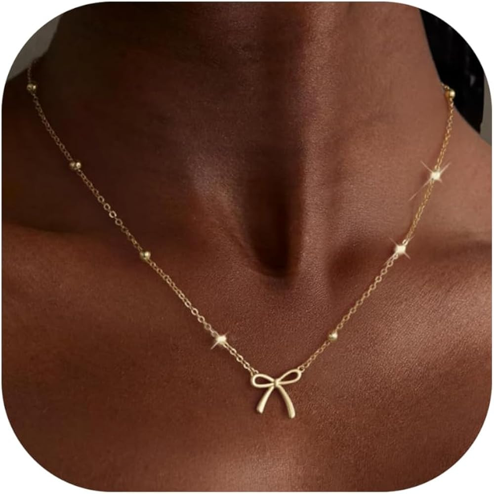 Valentines Day Gifts for Her - Dainty Bow Necklace for Women 14K Gold Plated Cute Choker Small Pe... | Amazon (US)