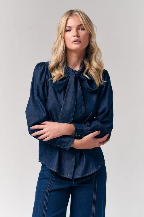 Le Fafo Bow Accent Denim Shirt in Dark Blue at Nordstrom, Size Medium | Nordstrom