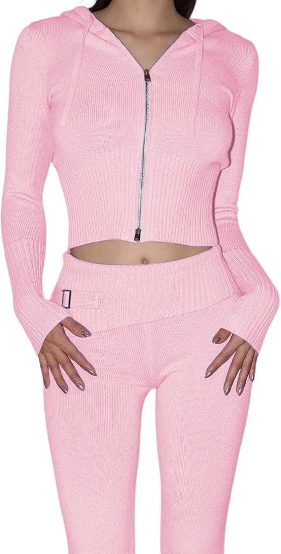 Zhiyouni Women's Knitted 2 Piece Outfits Long Sleeves Zip Up Hooded High Waist Skinny Pants Set L... | Amazon (US)
