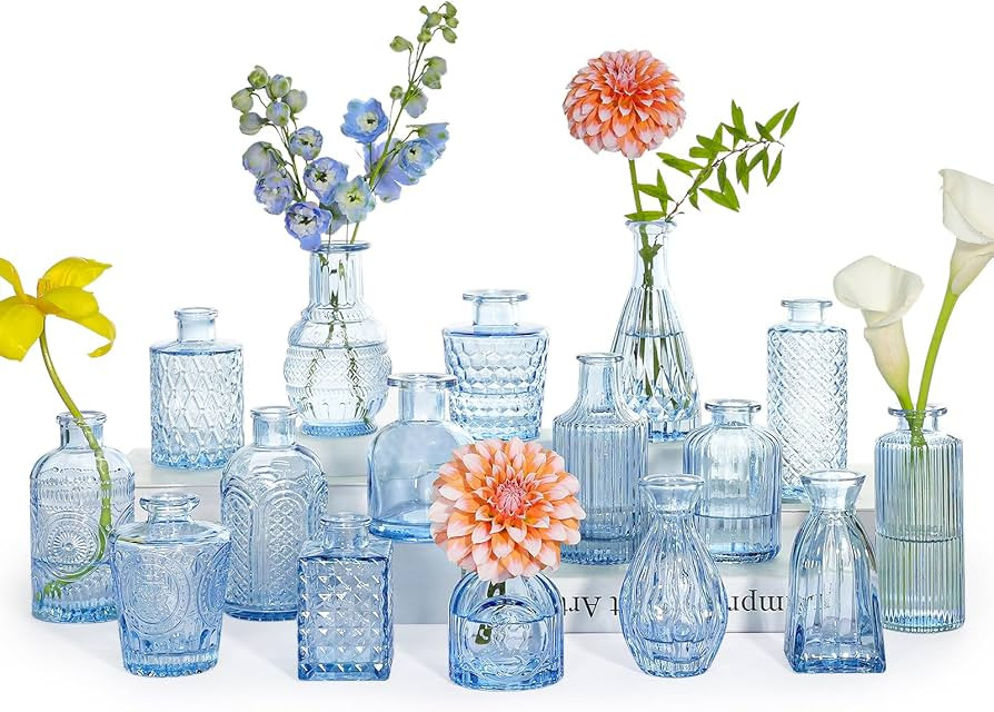 16pcs Glass Bud Vase Set, Small Blue Flower Vases for Centerpieces in Bulk, Mini Vintage Vase for... | Amazon (US)
