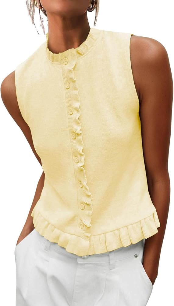 Womens Sleeveless Sweater Vest Mockneck Button Down Vacation Tank Top Summer Ruffle Going Out Ves... | Amazon (US)