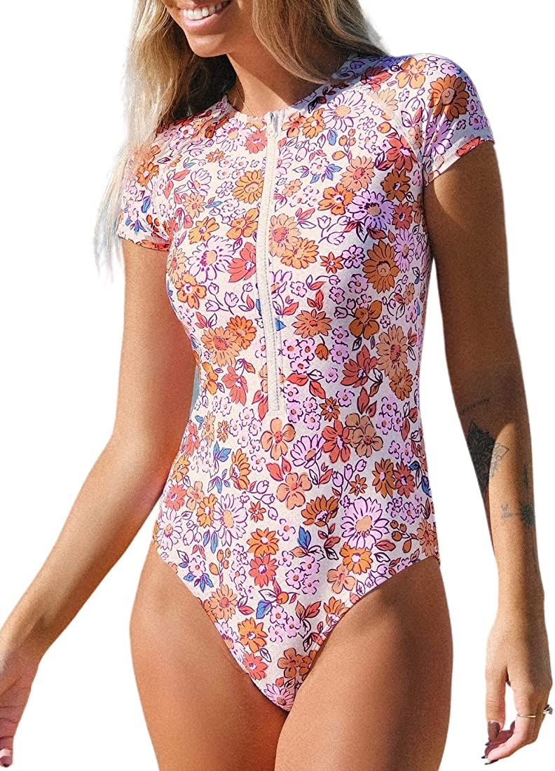 CUPSHE One Piece Swimsuit for Women Mock Neck Zipper Short Sleeve Bathing Suit | Amazon (US)