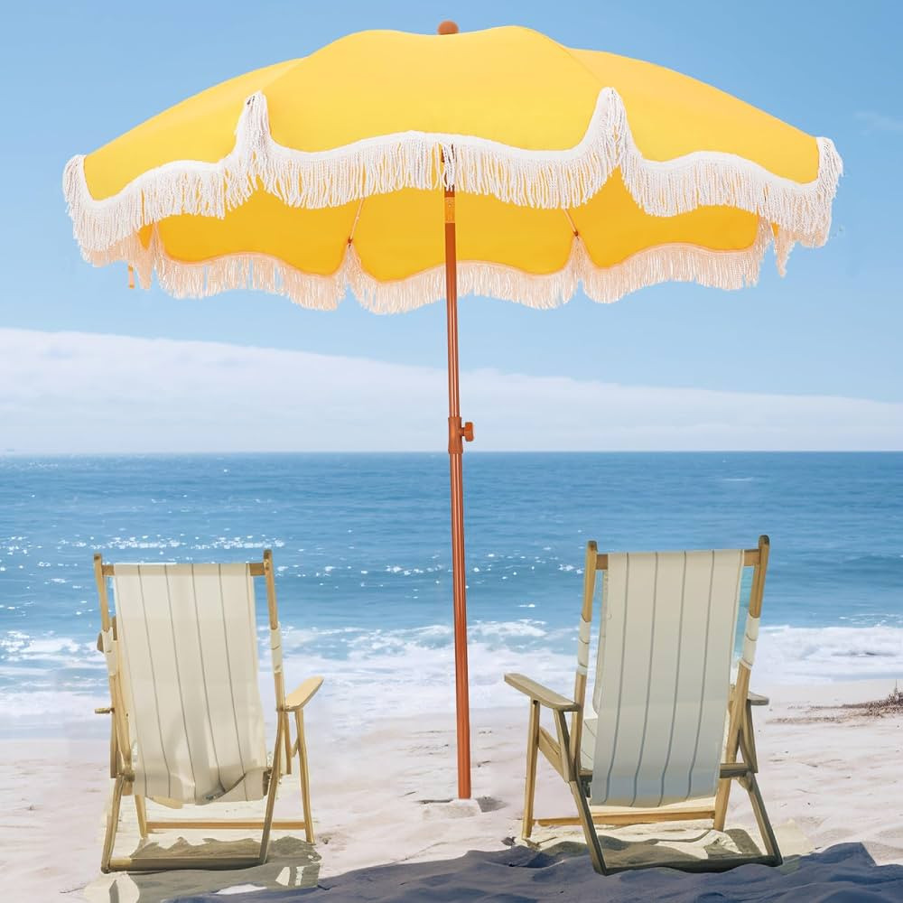 PHI VILLA 7ft Beach Umbrella with Fringe & Sand Anchor, Outdoor Patio Heavy Duty Windproof Portab... | Amazon (US)