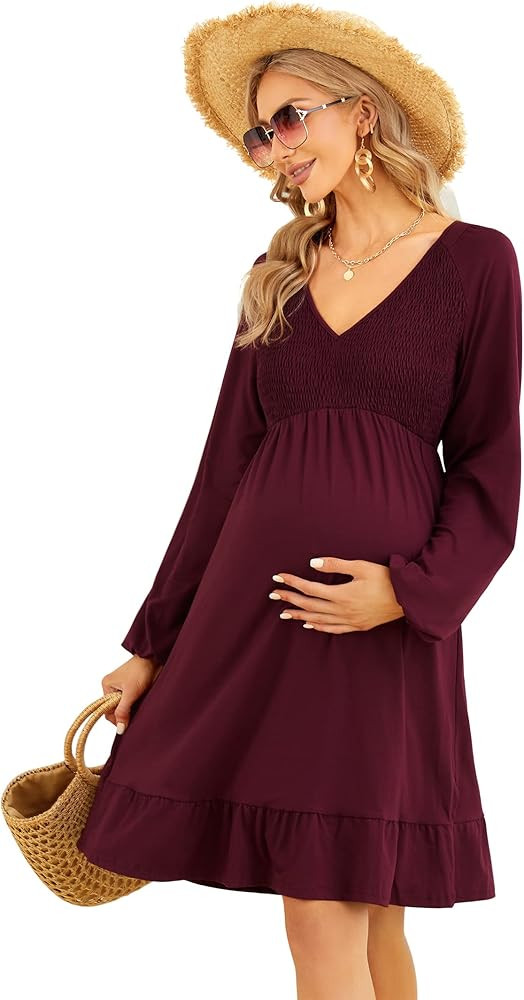 Coolmee Women's Maternity Short Sleeve Ruffle Dress V Neck Summer Casual Smocked Flowy Midi Dress... | Amazon (US)