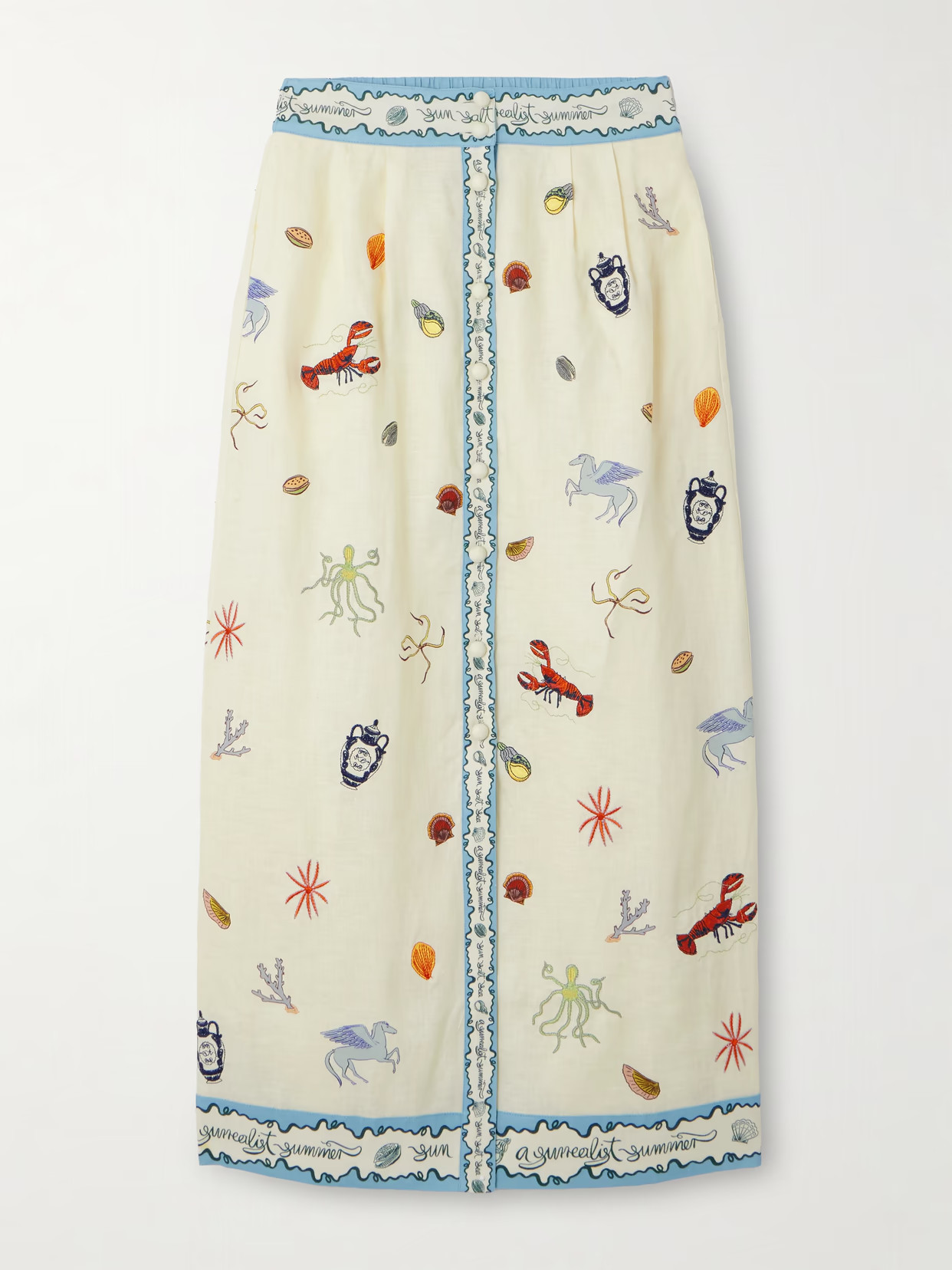 ALÉMAIS - Sandy Embroidered Printed Linen Midi Skirt - Ivory | NET-A-PORTER (US)