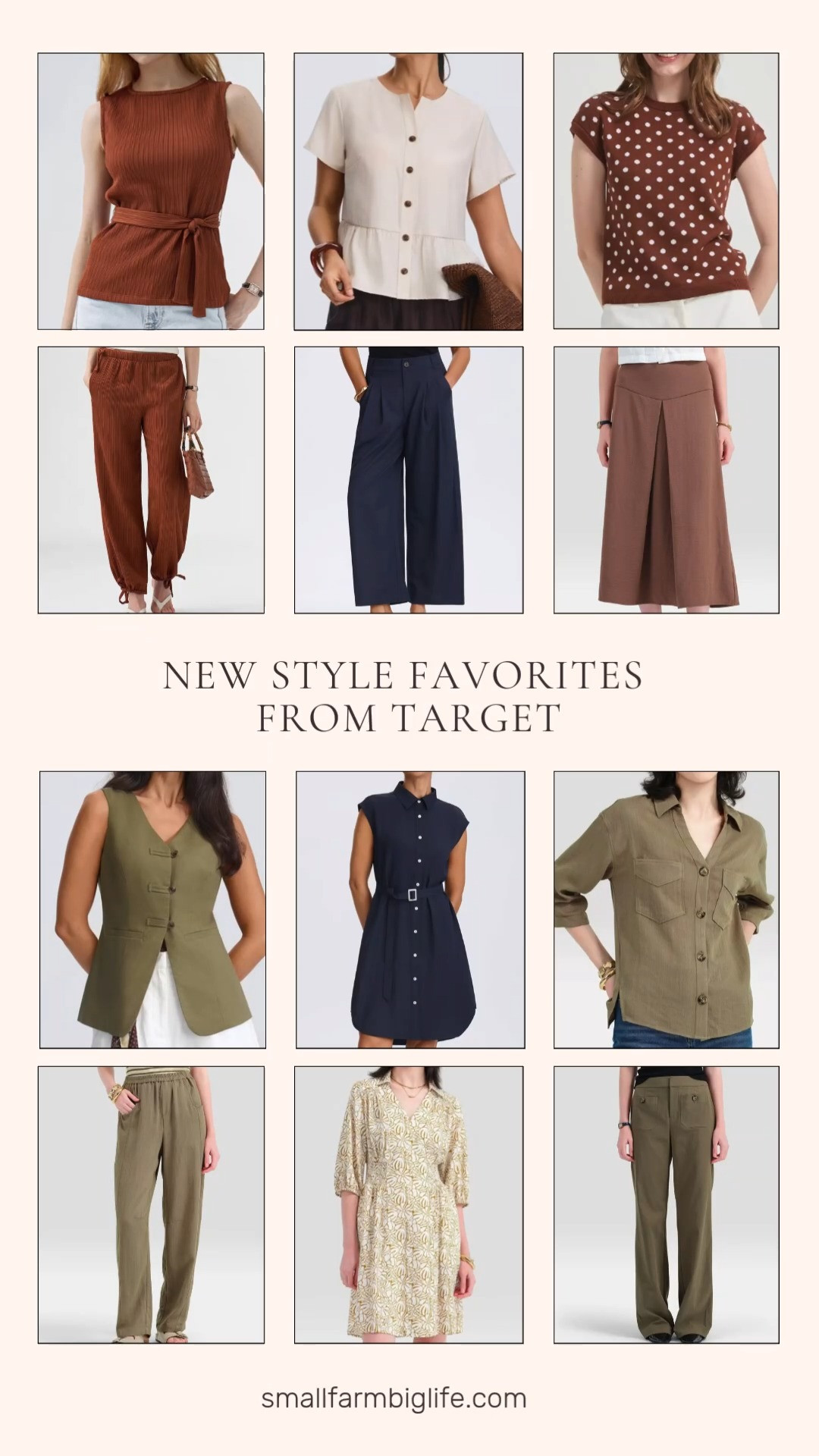 Target's A New Day and Universal Thread lines are leaning into rich fall neutrals this season, and this lineup has something for both office days and easy weekends. The dark blue high rise tailored cropped trousers pair perfectly with the cream short sleeve button down blouse for a polished business casual outfit, while the olive green V-neck long vest adds a layering piece that works over almost anything.

For dresses, the navy cap sleeve belted shirtdress brings structure and polish, while the white floral puff sleeve smocked waist shirtdress is a softer, more relaxed option. The brown polka dot cap sleeve sweater is an easy transitional piece that works with jeans or a skirt.

On the bottom half, the brown balloon pull on pants and the sage green barrel leg pull on pants both bring comfort without sacrificing style, perfect for travel or a busy commute. The brown high waist pleated midi skirt and the olive green high waist flare pants round out the fall color palette nicely.

Finish an easy outfit with the sage green collared button down shirt or the brown tie detail tank top, both simple pieces that layer well under the vest or a cardigan.

#target #targetstyle #falloutfits #fallfashion #targetfinds 

 #LTKootd #LTKOver40 #LTKWorkwear