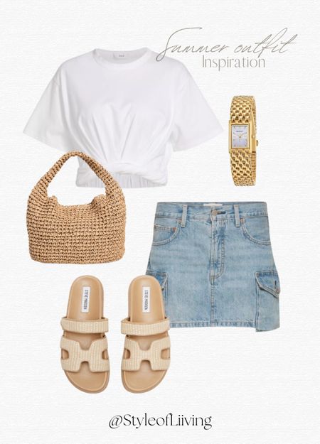 Summer outfit inspiration! Casual look. White tee shirt, mini denim cargo skirt, sandals, bag, watch. #ootd #summerstyle

#LTKShoeCrush #LTKStyleTip #LTKSeasonal